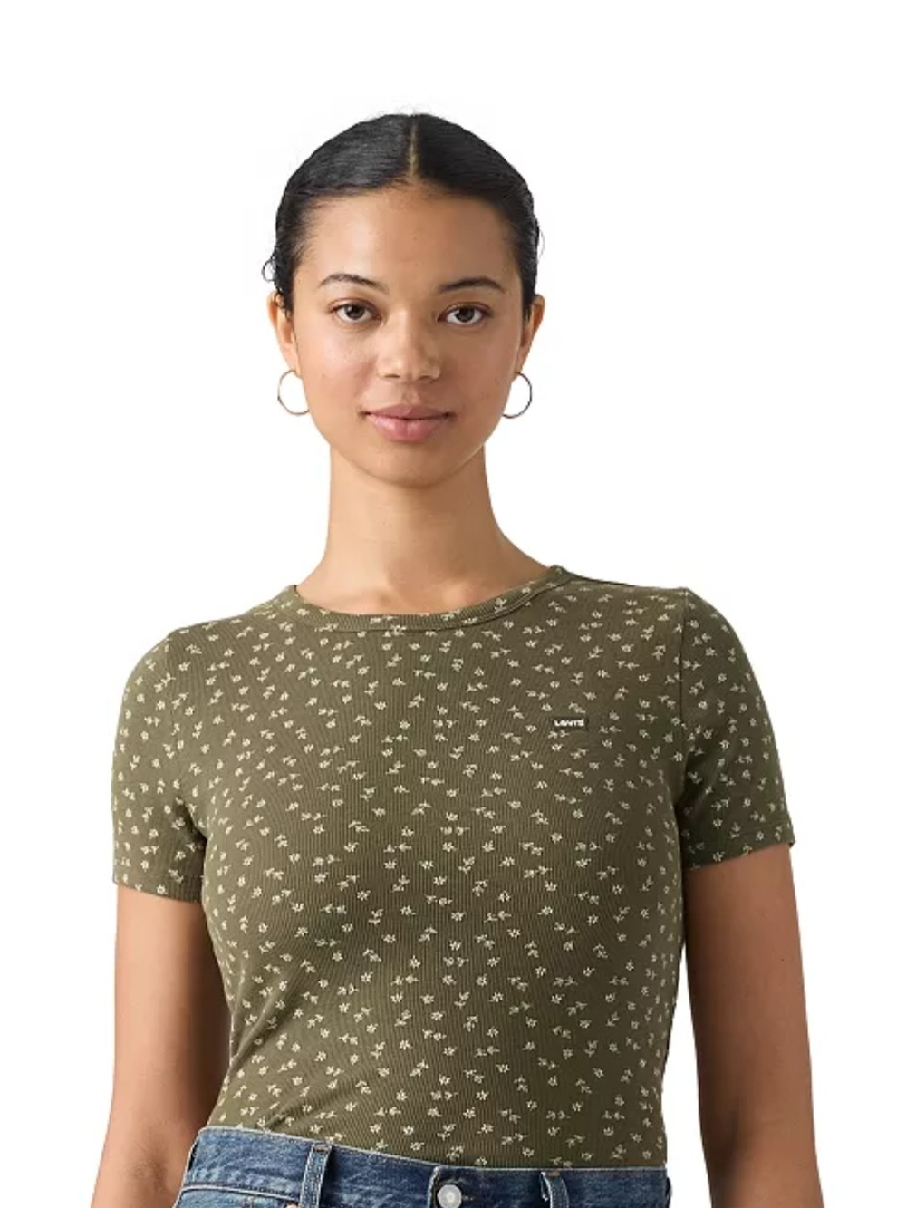 Levi's Olive Green Slim Fit Short Sleeve Tee with White Floral Print